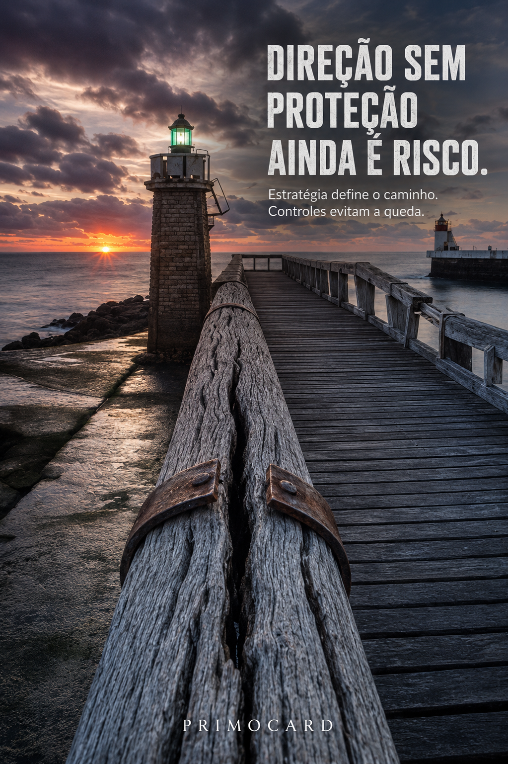 Farol iluminado ao lado de uma passarela de madeira rachada; a arte afirma que direção sem proteção ainda traz risco.