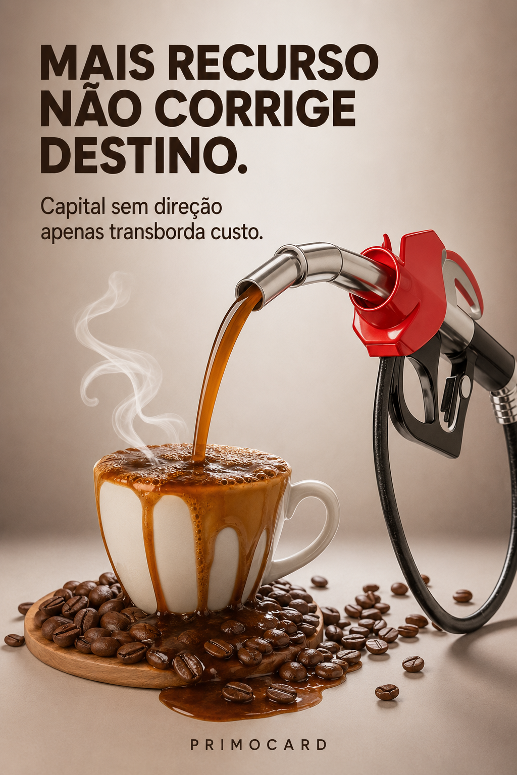 Bomba de combustível despeja café em uma xícara que já transborda; a arte fala sobre gastar mais recursos sem definir o destino.