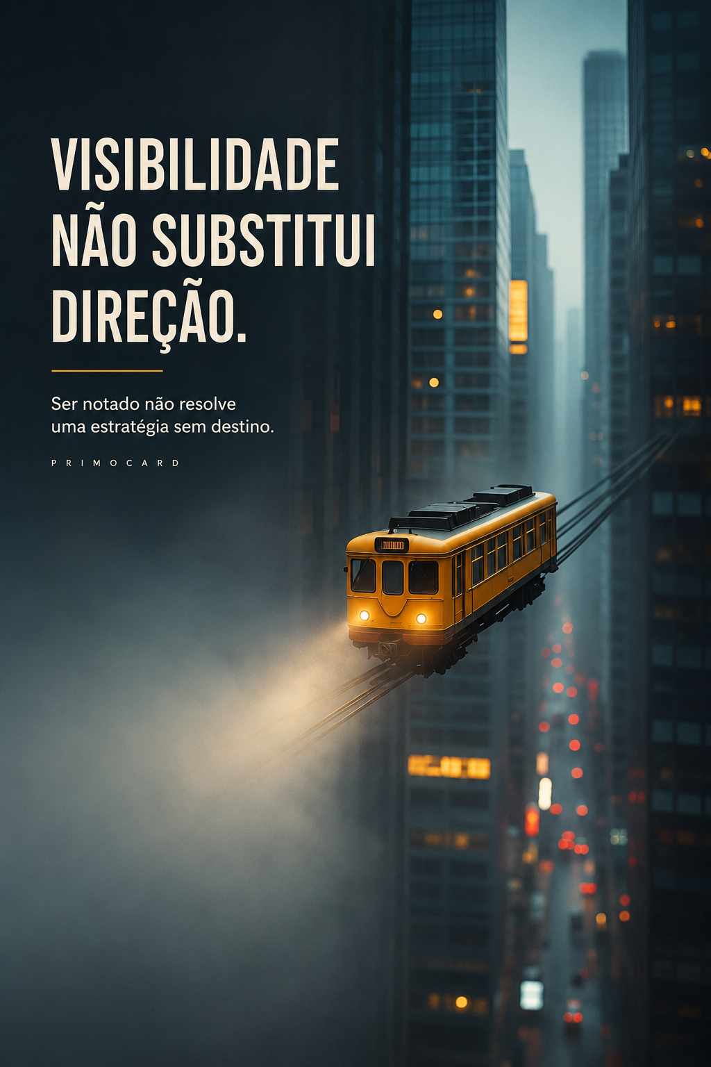 Veículo amarelo em trilhos suspensos entre prédios, representando movimento sem um destino claro.