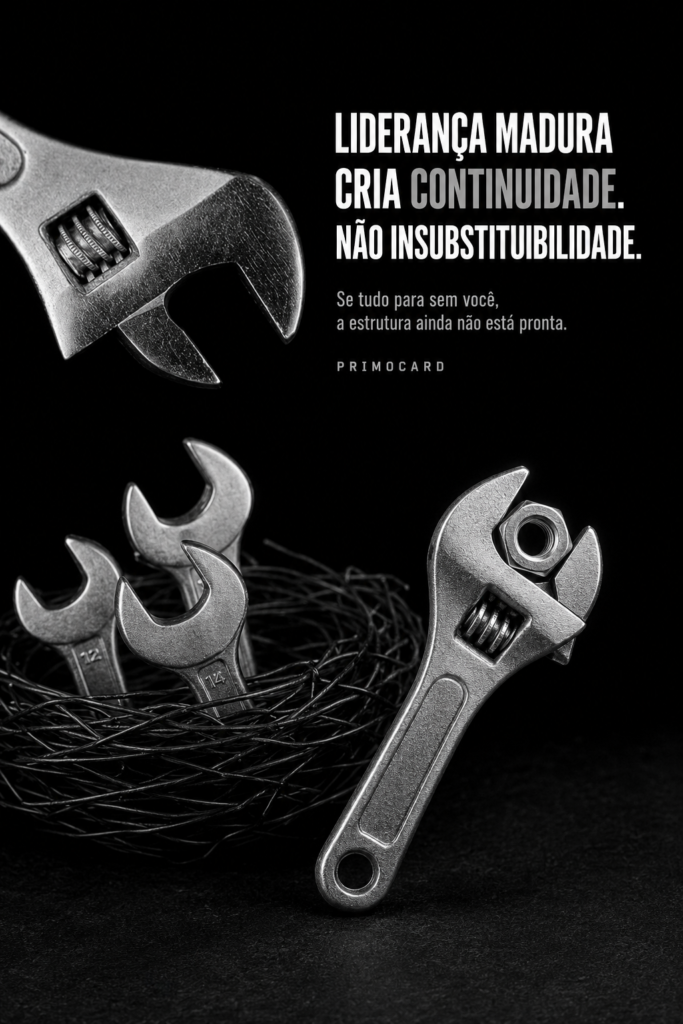 Chaves de diferentes tamanhos saindo de um ninho e uma chave maior segurando uma porca, simbolizando liderança que prepara continuidade.