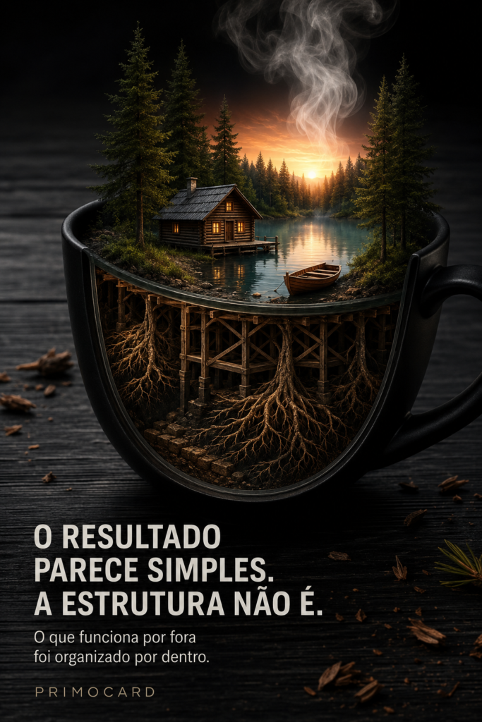 Paisagem tranquila dentro de uma xícara sustentada por raízes e estruturas profundas, representando a complexidade por trás de um resultado simples.