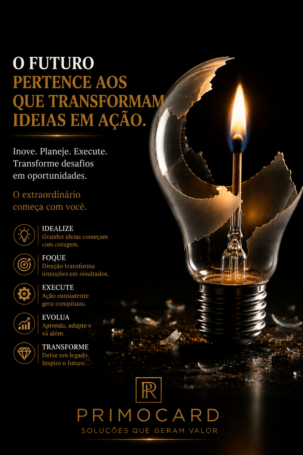 Lâmpada de vidro quebrada com um fósforo aceso no interior, sobre fundo preto, em arte da Primocard sobre transformar ideias em ação.