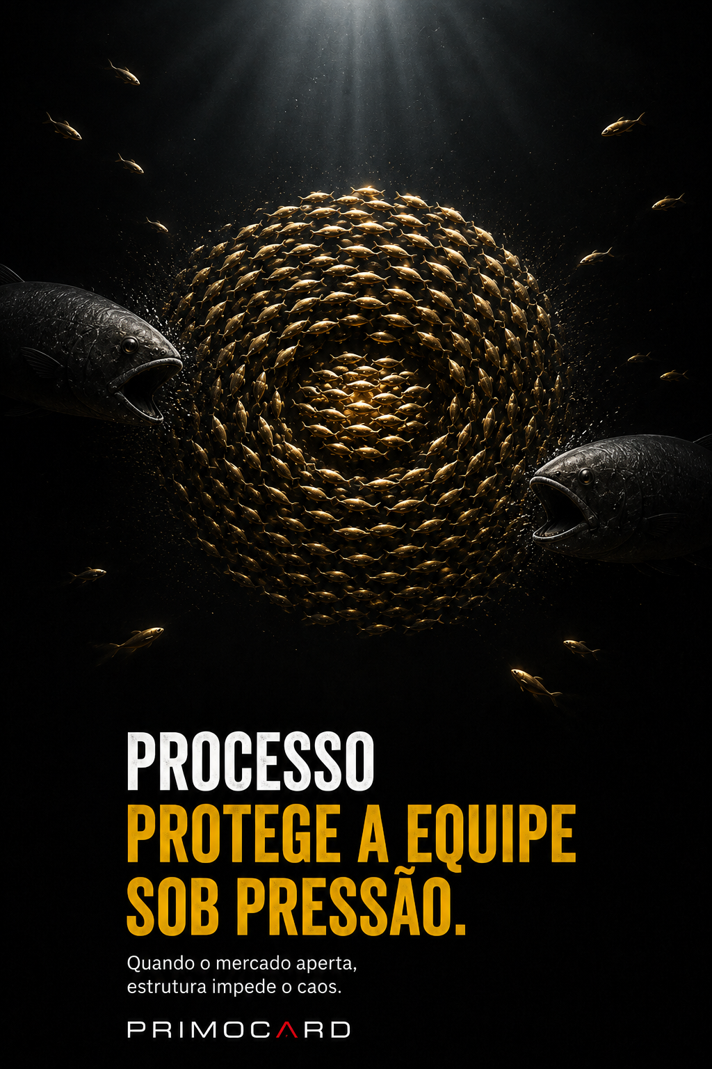 Cardume de peixes dourados formando uma esfera entre dois peixes grandes, com mensagem da Primocard sobre organização sob pressão.