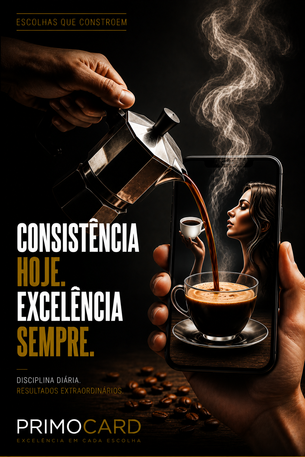 Cafeteira servindo café em uma xícara integrada à tela de um celular, com uma mulher ao fundo e mensagem sobre consistência.