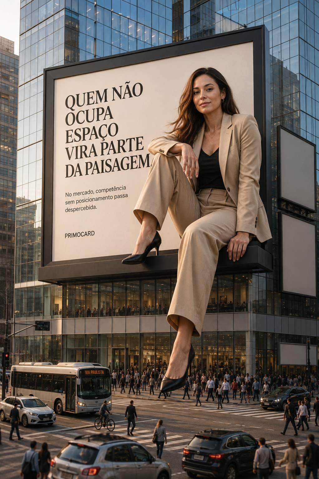 Mulher de terno bege sentada na borda de um grande painel em uma avenida, com mensagem da Primocard sobre posicionamento no mercado.