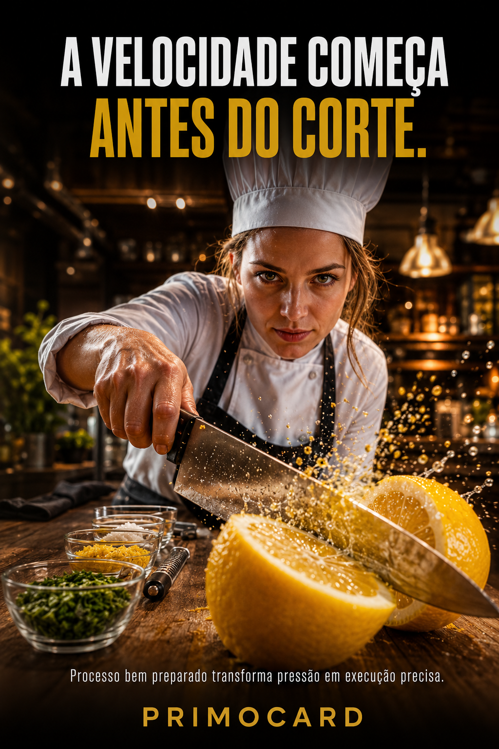 Chef cortando um limão diante de ingredientes organizados em pequenos recipientes, com mensagem da Primocard sobre preparação e velocidade.