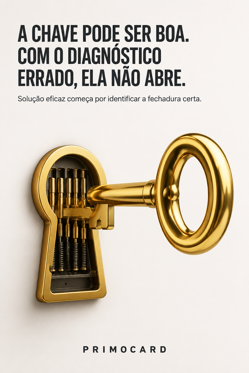 Chave dourada encaixada em uma fechadura com mecanismo visível, em arte da Primocard sobre identificar corretamente o problema.