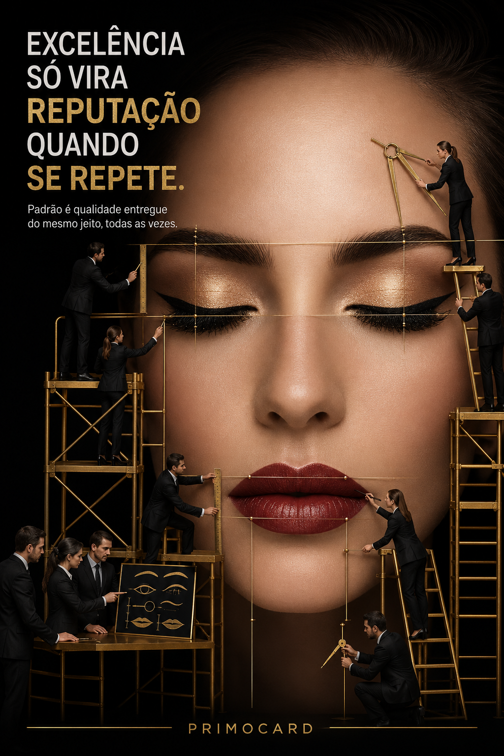 Rosto feminino cercado por pequenas figuras em andaimes dourados, usando instrumentos de medição, em arte da Primocard sobre qualidade e reputação.