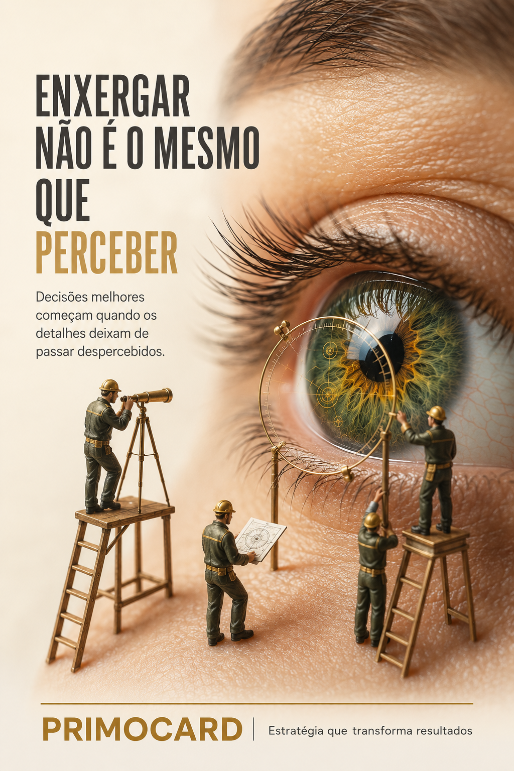 Olho em close cercado por pequenas figuras com instrumentos de observação e medição, em arte da Primocard sobre perceber detalhes.