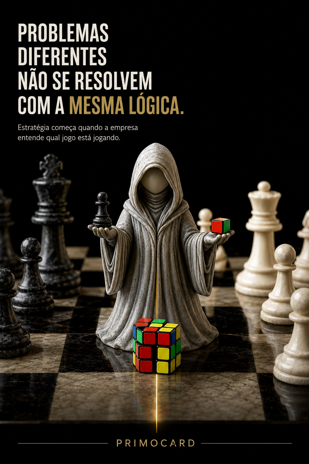 Figura encapuzada segurando uma peça de xadrez e um pequeno cubo colorido, entre peças de um tabuleiro, em arte da Primocard.